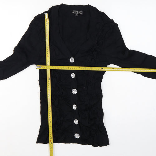 After Six Women’s Black Size 2 V-Neck Ruffle Rhinestone Cardigan