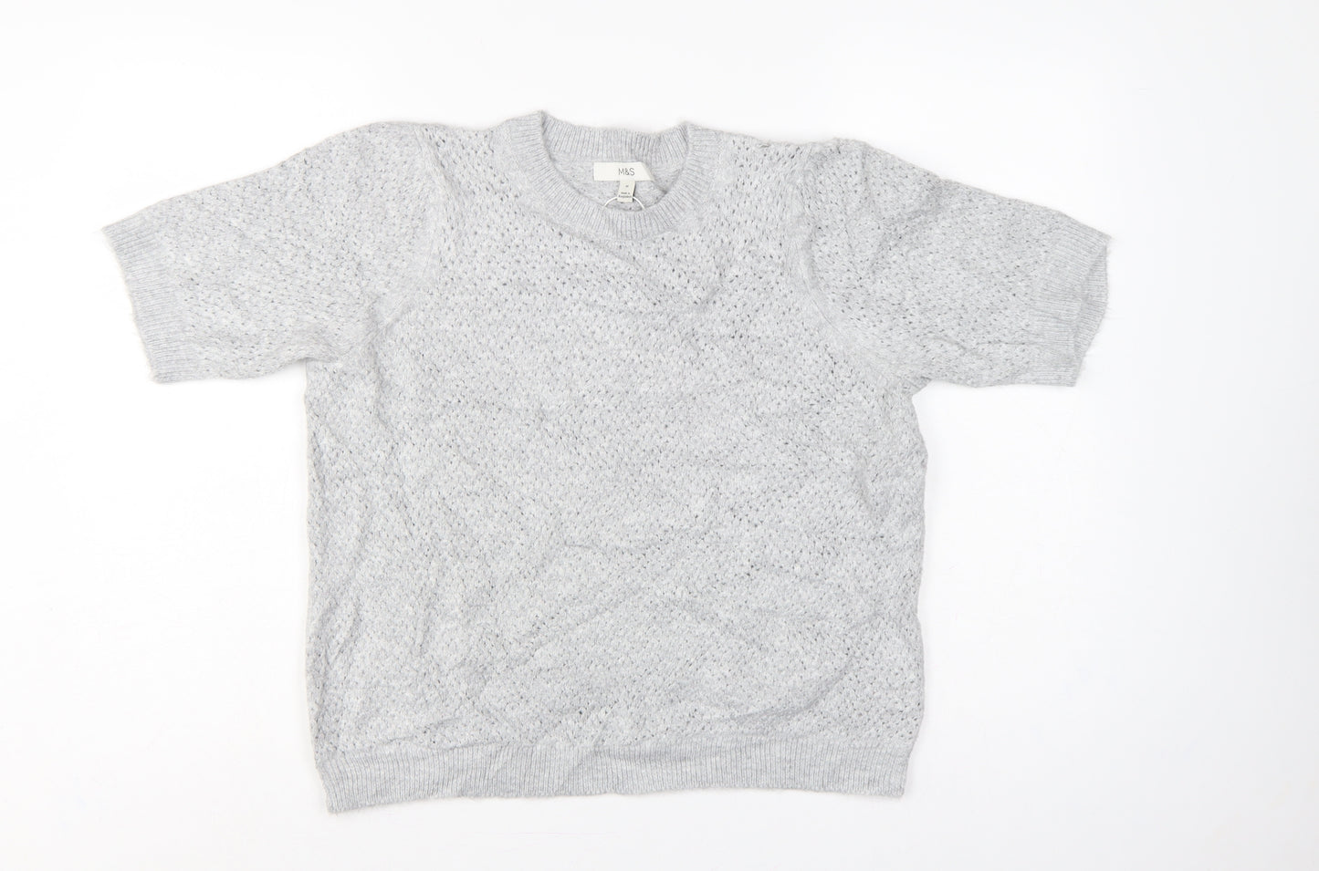 Marks and Spencer Women Grey M Open Knit Short Sleeve Jumper