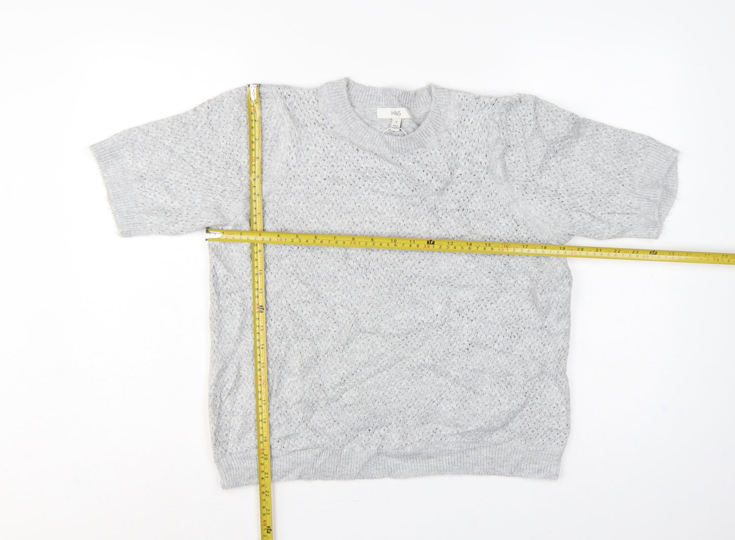 Marks and Spencer Women Grey M Open Knit Short Sleeve Jumper
