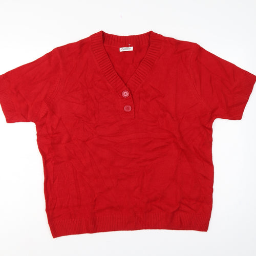 Damart Women Red XL UK 20/24 Short Sleeve V-Neck Henley Jumper
