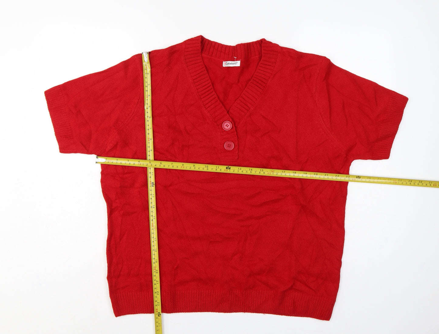 Damart Women Red XL UK 20/24 Short Sleeve V-Neck Henley Jumper