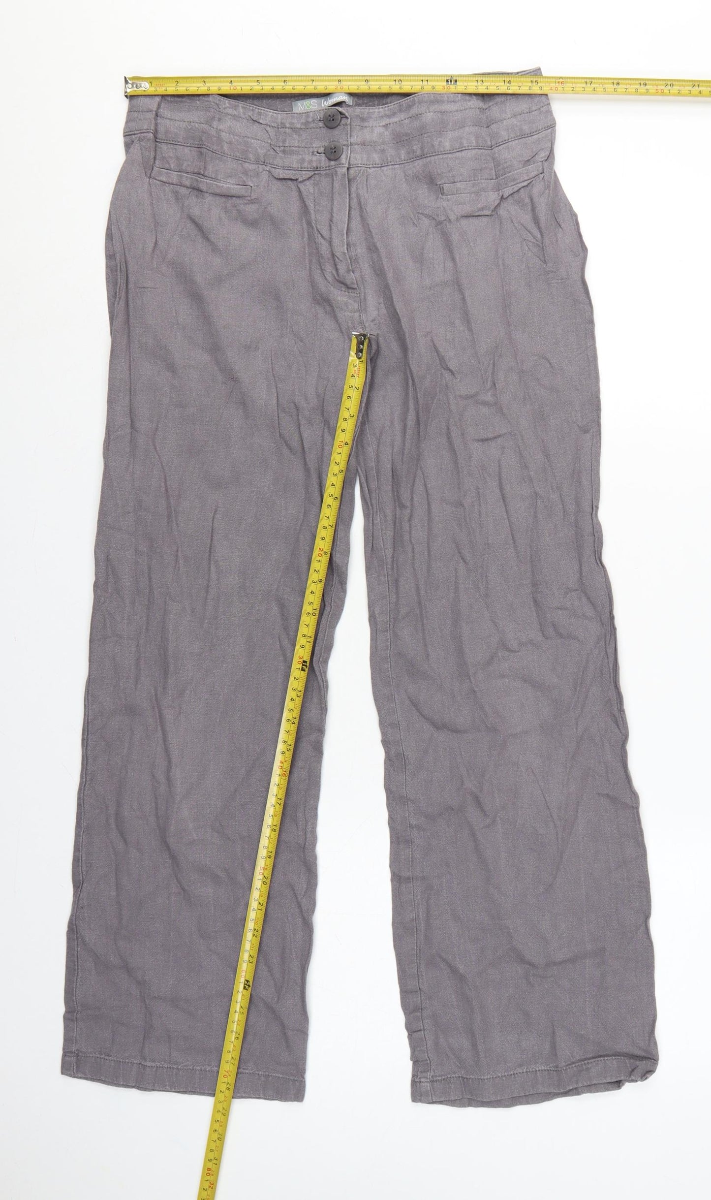 Marks and Spencer Women Grey UK 12 Linen Blend Wide-Leg Trousers