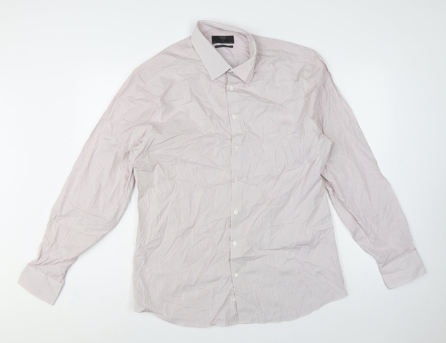 Marks and Spencer Men’s White Pink Stripe Slim Fit Shirt 17 Long Sleeve