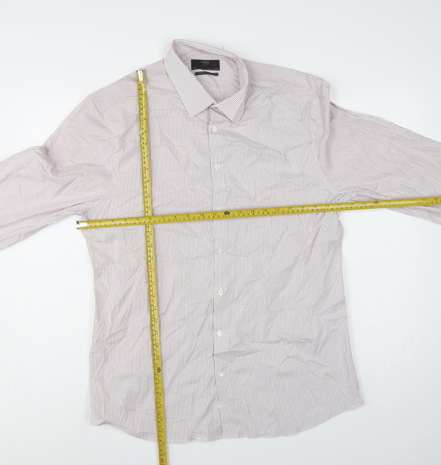 Marks and Spencer Men’s White Pink Stripe Slim Fit Shirt 17 Long Sleeve