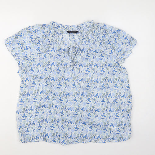 Marks and Spencer Women Blue Floral Cotton Tie Neck Blouse UK 18