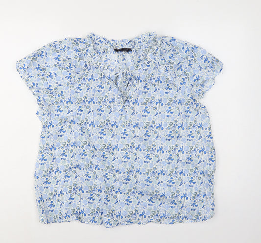 Marks and Spencer Women Blue Floral Cotton Tie Neck Blouse UK 18
