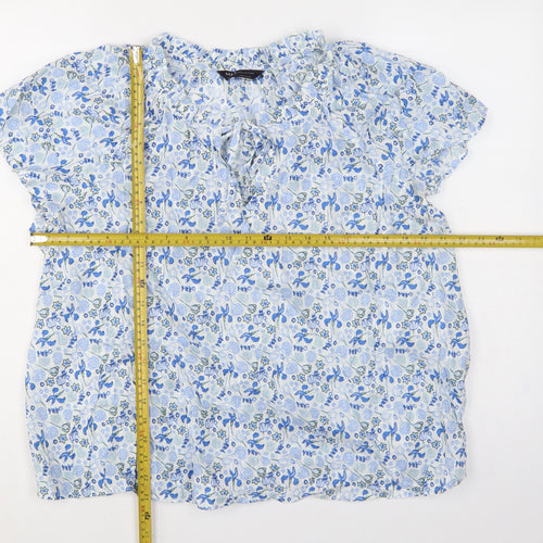Marks and Spencer Women Blue Floral Cotton Tie Neck Blouse UK 18