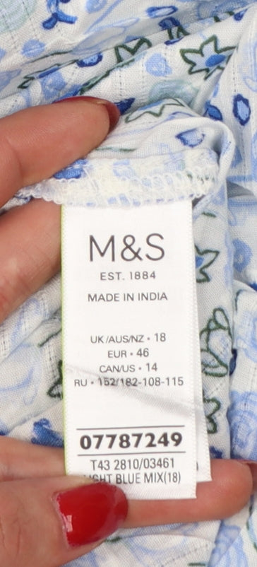 Marks and Spencer Women Blue Floral Cotton Tie Neck Blouse UK 18