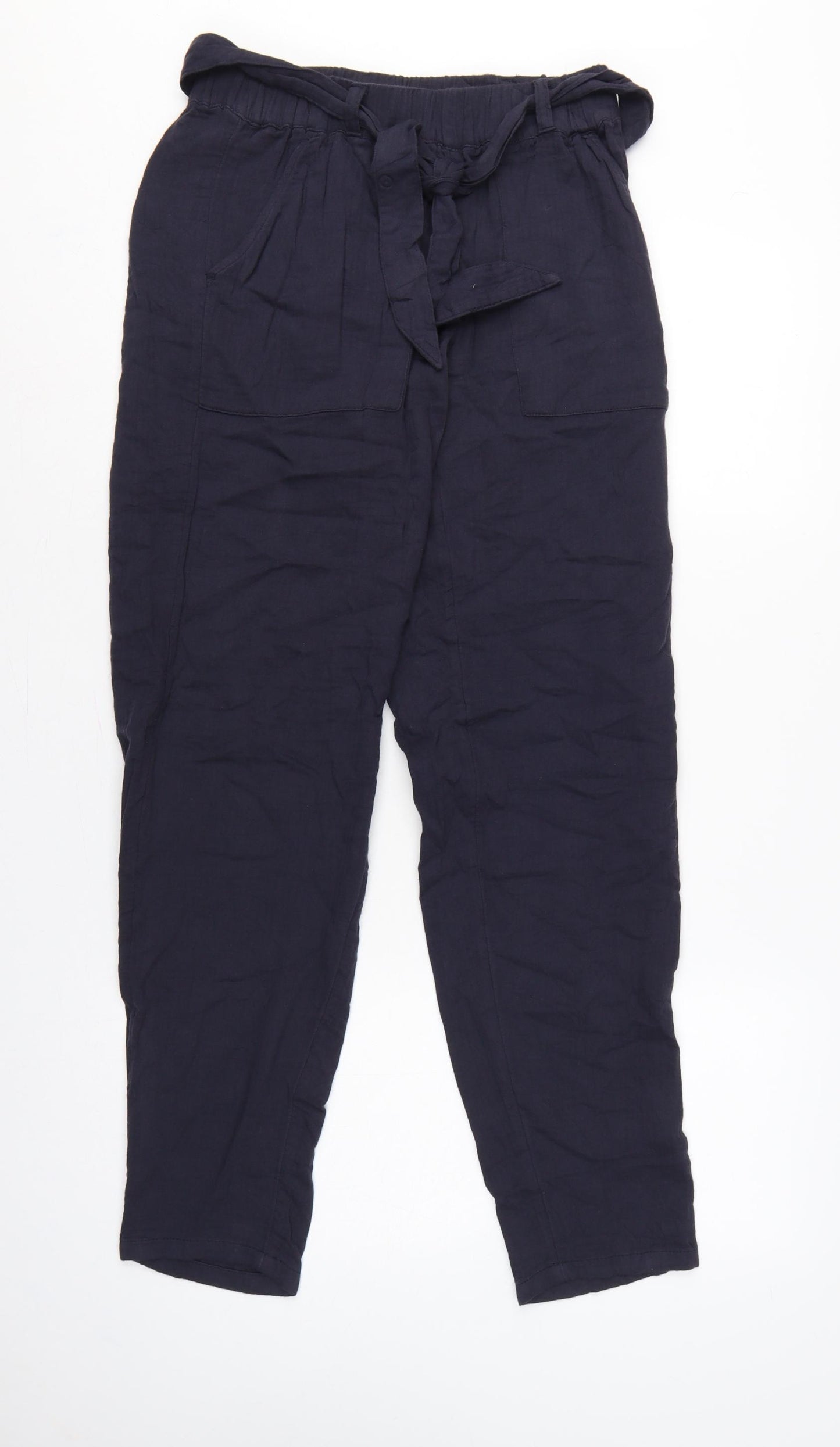 Marks & Spencer Women Navy UK 8 Paperbag Tapered Linen Blend Trousers