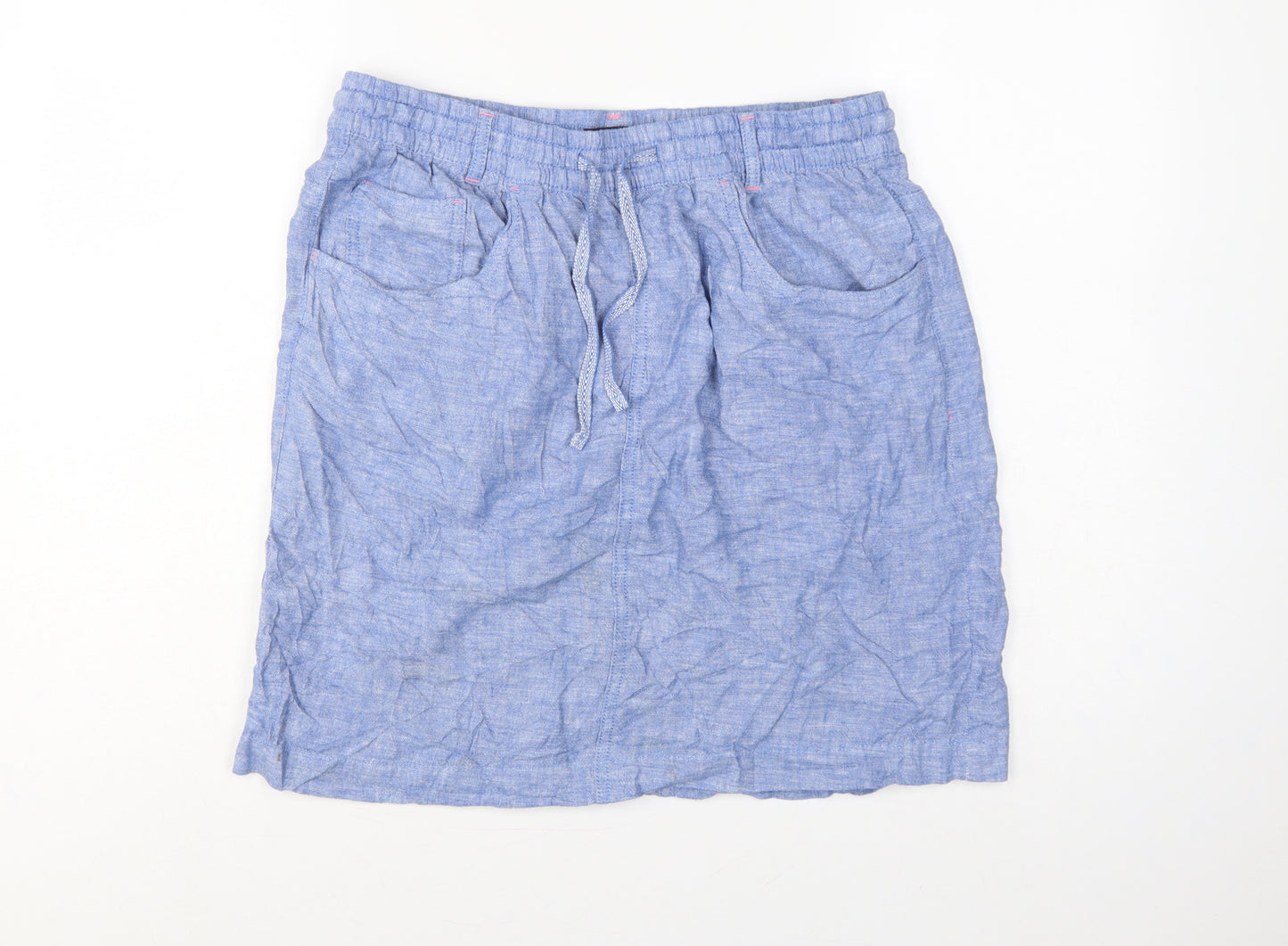 M&S Women Blue UK 14 Linen Lyocell Drawstring Knee Length Skirt