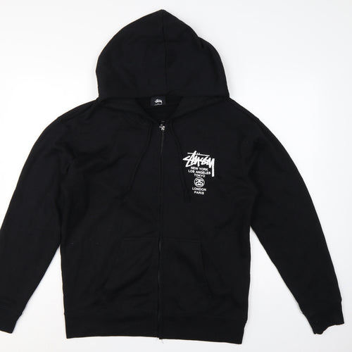 Stussy Men Black XL Full Zip Cotton Graphic Print Hoodie