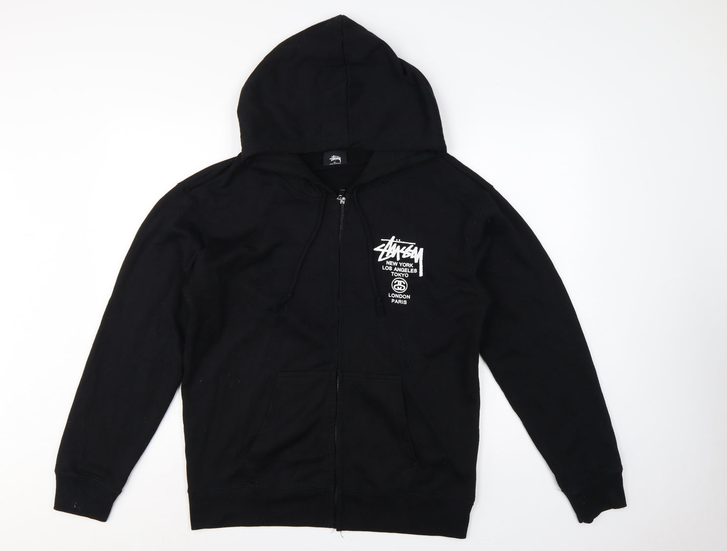 Stussy Men Black XL Full Zip Cotton Graphic Print Hoodie