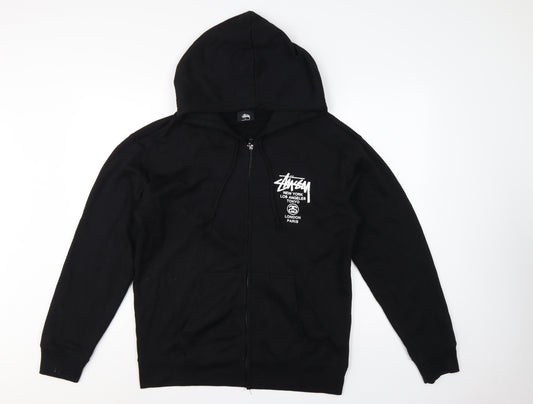 Stussy Men Black XL Full Zip Cotton Graphic Print Hoodie