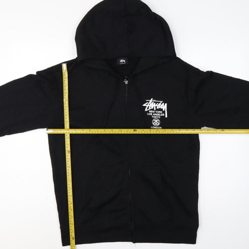 Stussy Men Black XL Full Zip Cotton Graphic Print Hoodie