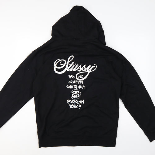 Stussy Men Black XL Full Zip Cotton Graphic Print Hoodie