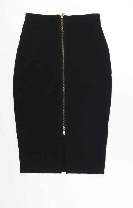 River Island Women Black UK 8 Midi Pencil Skirt Gold Zip Stretch