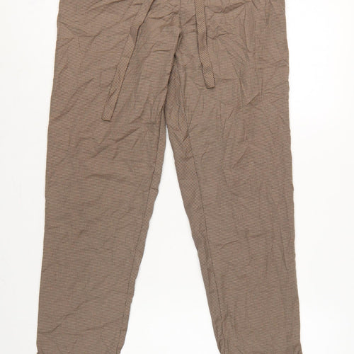 Mango Women Brown Check Paperbag Tie Waist Tapered Trousers Size M