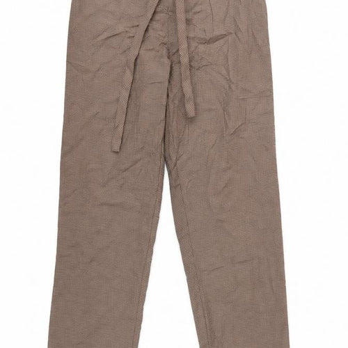 Mango Women Brown Check Paperbag Tie Waist Tapered Trousers Size M