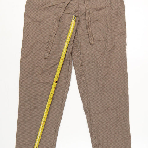 Mango Women Brown Check Paperbag Tie Waist Tapered Trousers Size M