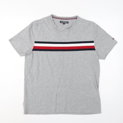 Tommy Hilfiger Men Grey L V-Neck Stripe Logo T-Shirt
