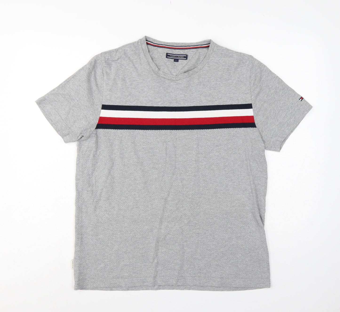 Tommy Hilfiger Men Grey L V-Neck Stripe Logo T-Shirt