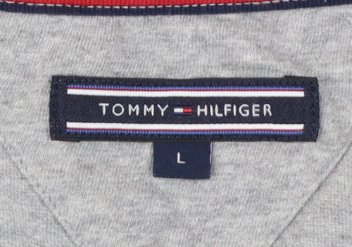 Tommy Hilfiger Men Grey L V-Neck Stripe Logo T-Shirt