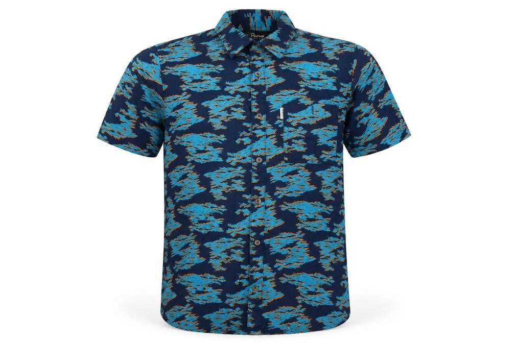 Front view of Penfield Men’s Blue Small Geometric Cotton Short Sleeve Button-Up Shirt
