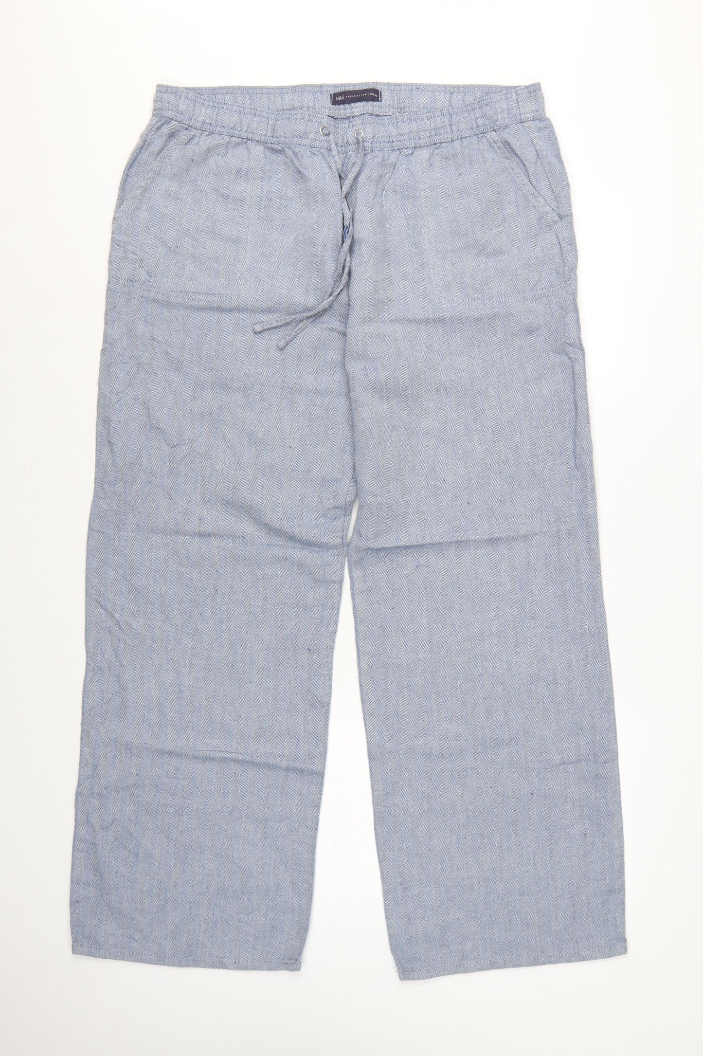 Marks and Spencer Women Blue UK 16 Linen Chambray Drawstring Trousers