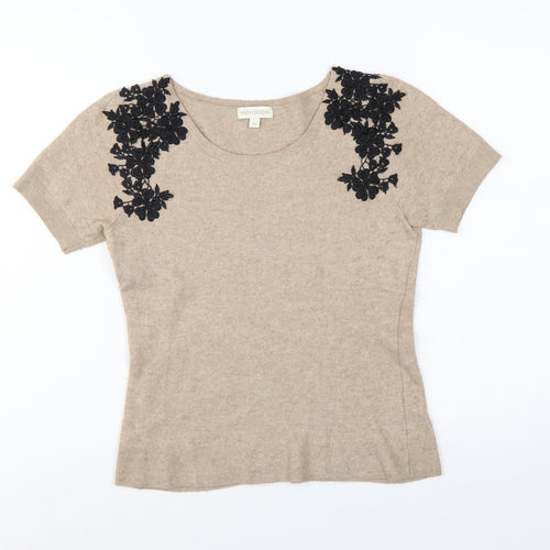 Monsoon Women Beige Floral Appliqué Knit Jumper Size 12 Short Sleeve