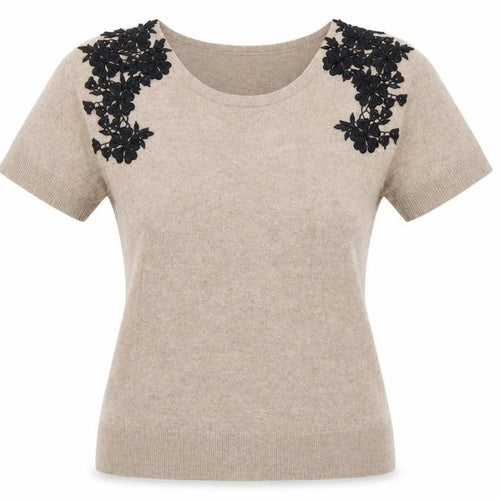 Monsoon Women Beige Floral Appliqué Knit Jumper Size 12 Short Sleeve