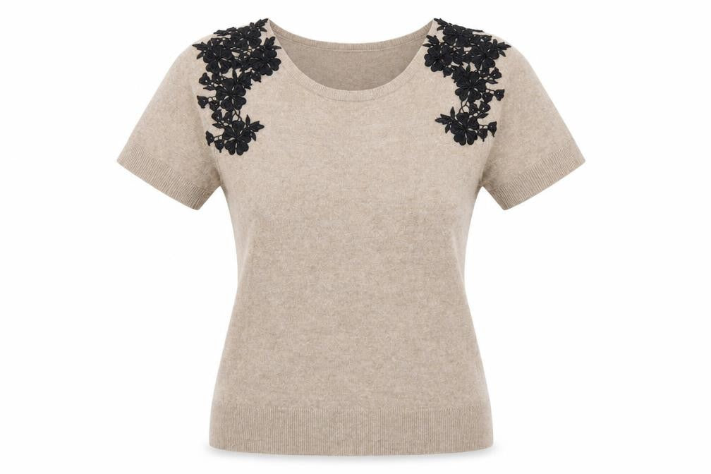 Monsoon Women Beige Floral Appliqué Knit Jumper Size 12 Short Sleeve