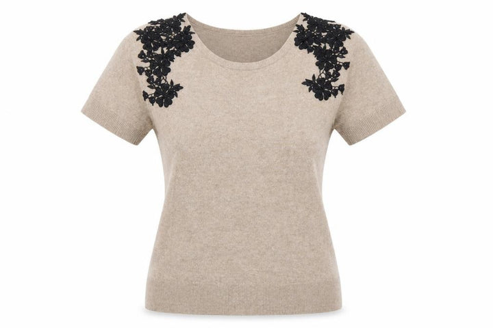 Monsoon Women Beige Floral Appliqué Knit Jumper Size 12 Short Sleeve