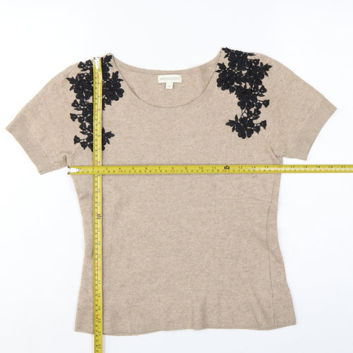 Monsoon Women Beige Floral Appliqué Knit Jumper Size 12 Short Sleeve