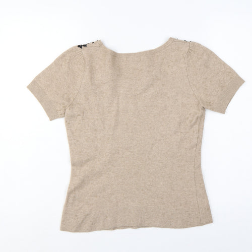 Monsoon Women Beige Floral Appliqué Knit Jumper Size 12 Short Sleeve
