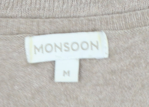 Monsoon Women Beige Floral Appliqué Knit Jumper Size 12 Short Sleeve