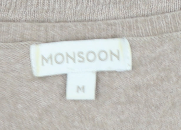 Monsoon Women Beige Floral Appliqué Knit Jumper Size 12 Short Sleeve