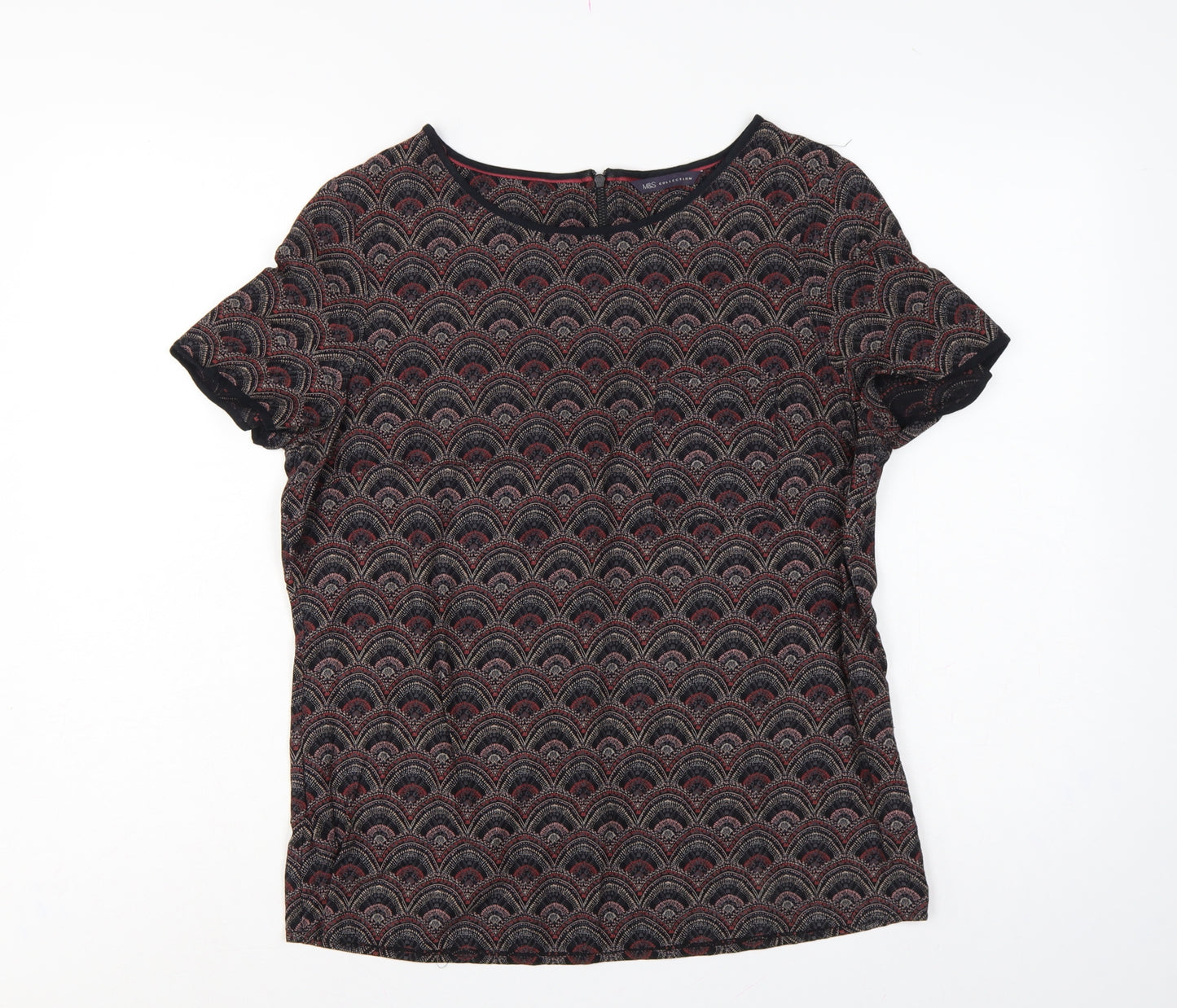 Marks and Spencer Women Black Geometric Viscose Blouse UK 12 Short Sleeve