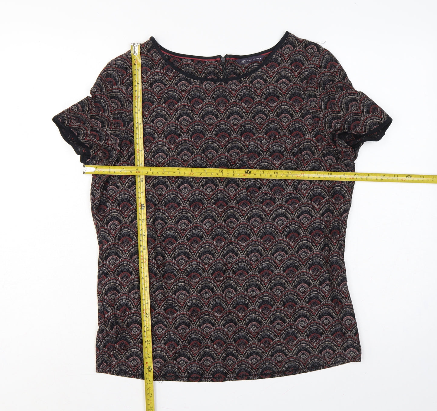 Marks and Spencer Women Black Geometric Viscose Blouse UK 12 Short Sleeve