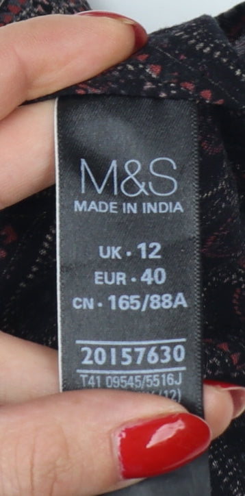 Marks and Spencer Women Black Geometric Viscose Blouse UK 12 Short Sleeve