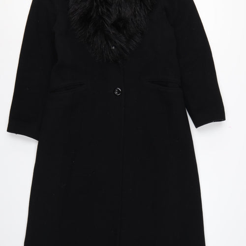 C&A Yessica Women Black UK 12 Long Wool Cashmere Fur Trim Overcoat