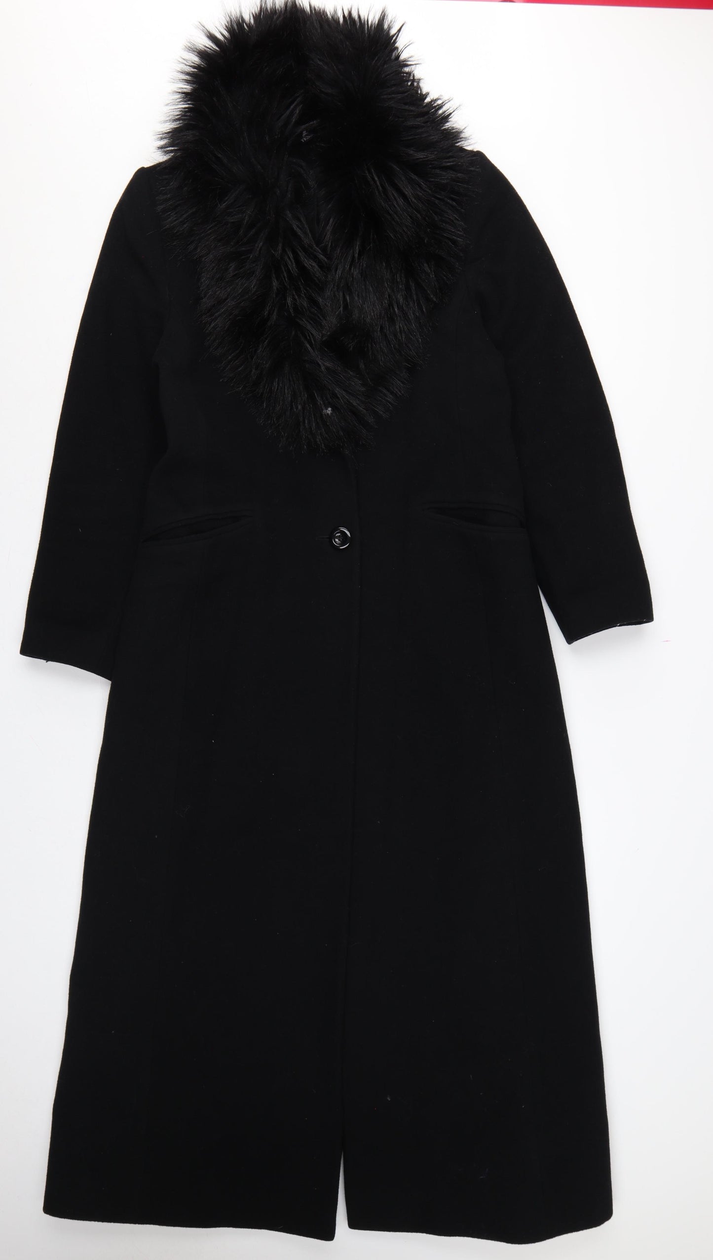 C&A Yessica Women Black UK 12 Long Wool Cashmere Fur Trim Overcoat