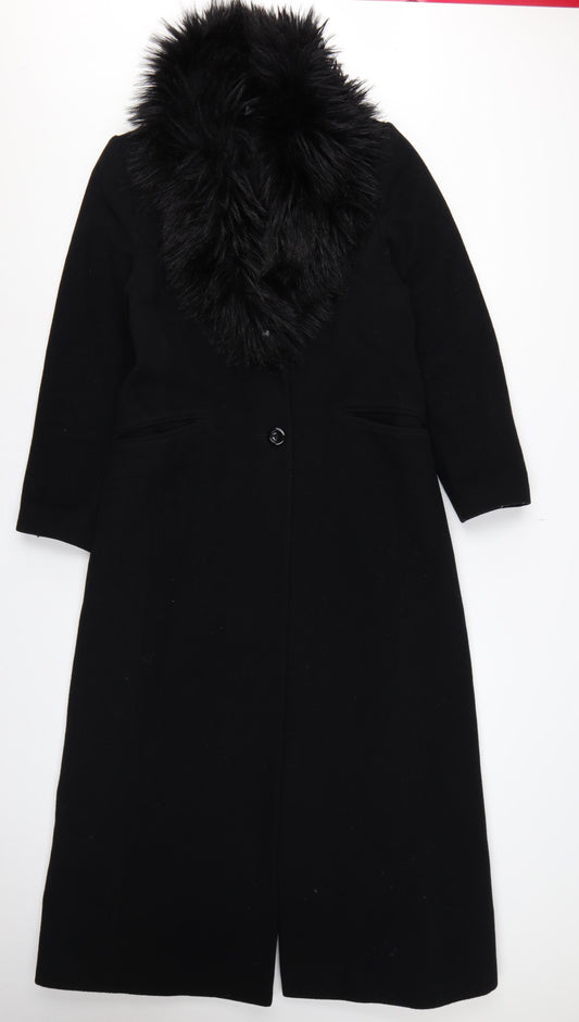 C&A Yessica Women Black UK 12 Long Wool Cashmere Fur Trim Overcoat
