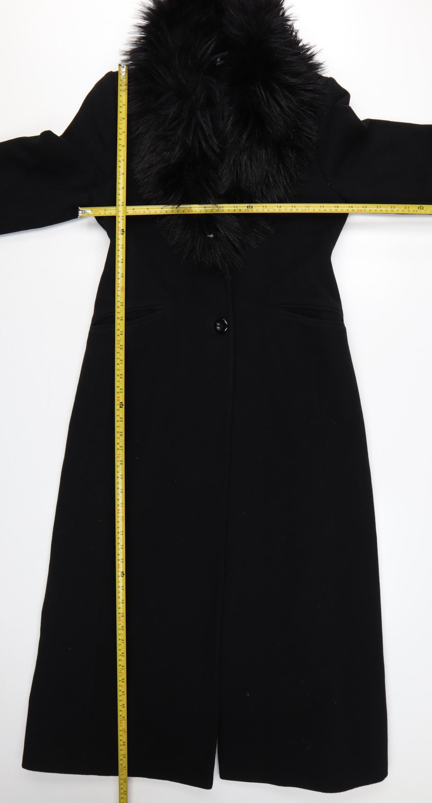 C&A Yessica Women Black UK 12 Long Wool Cashmere Fur Trim Overcoat