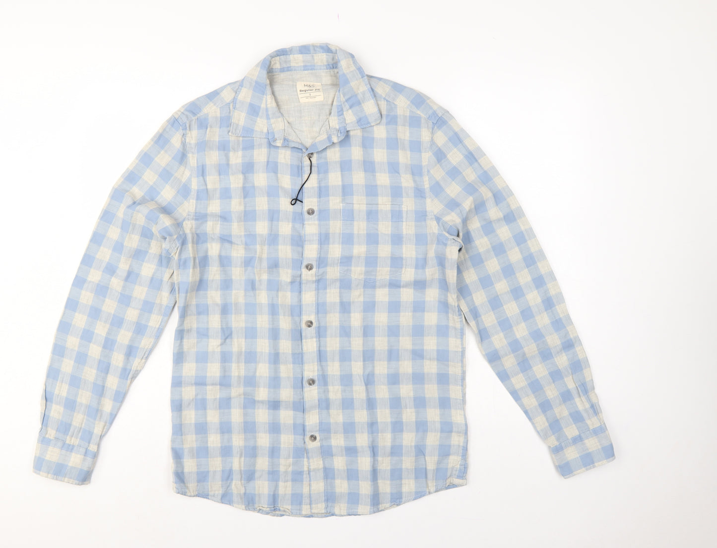 Marks and Spencer Men’s Blue Check Cotton Shirt Small Regular Fit