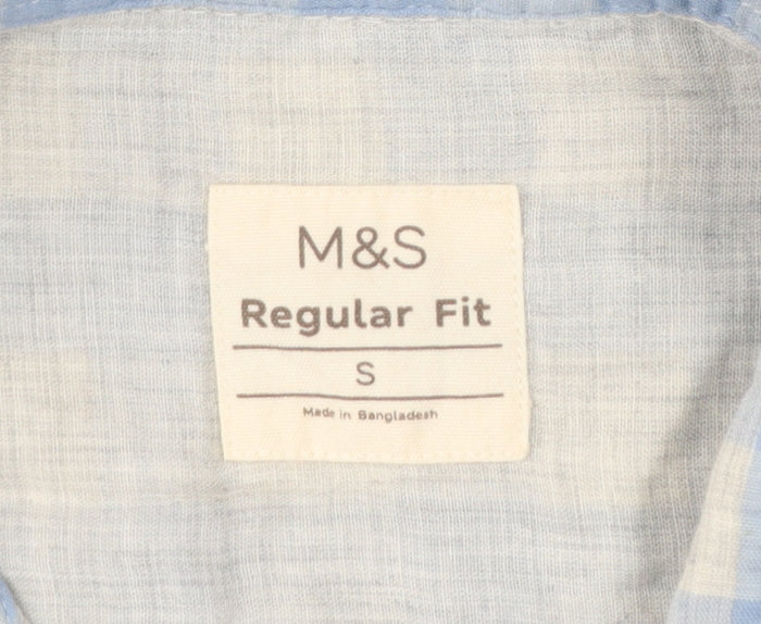 Marks and Spencer Men’s Blue Check Cotton Shirt Small Regular Fit