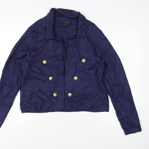 Tahari Women Blue L Double-Breasted Collared Knit Cardigan Gold Buttons
