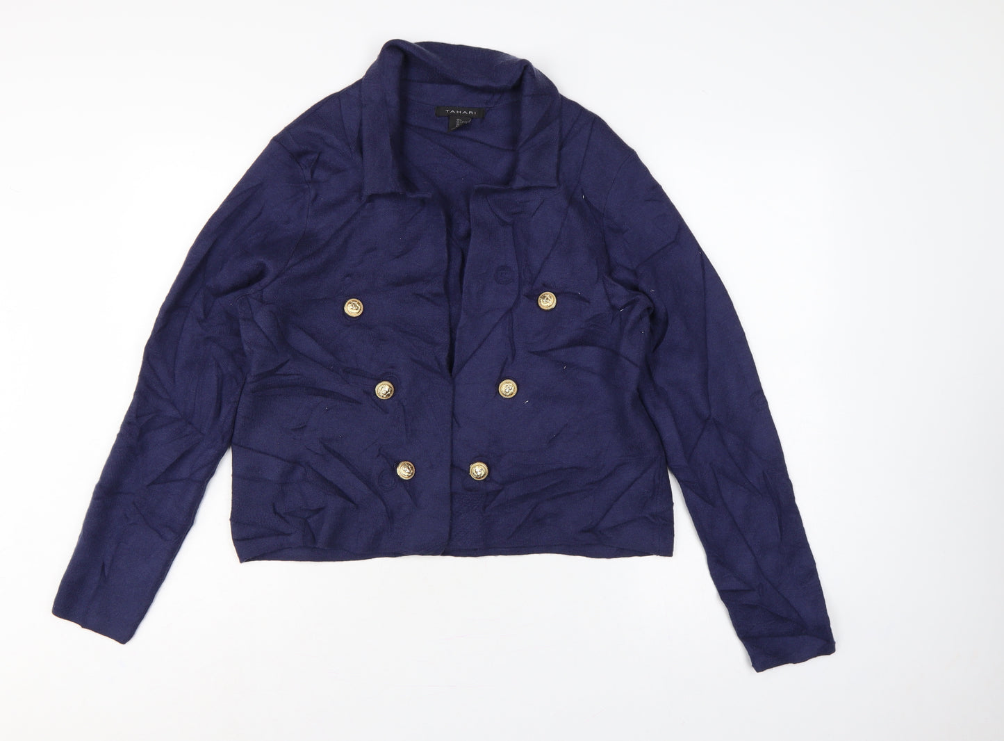 Tahari Women Blue L Double-Breasted Collared Knit Cardigan Gold Buttons