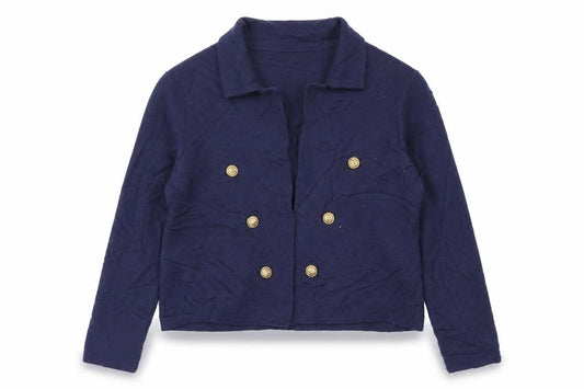Front view of Tahari Women Blue L Double-Breasted Collared Knit Cardigan Gold Buttons