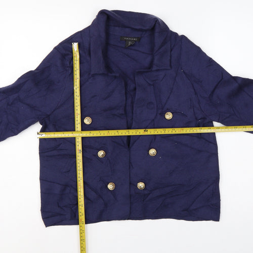 Tahari Women Blue L Double-Breasted Collared Knit Cardigan Gold Buttons