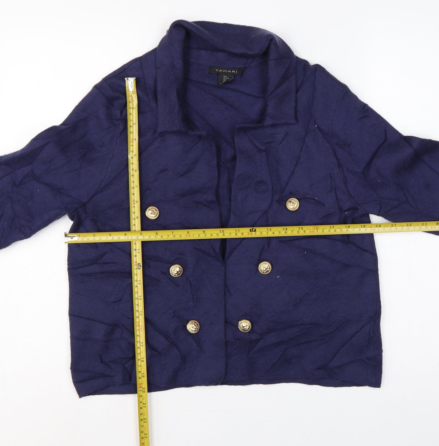 Tahari Women Blue L Double-Breasted Collared Knit Cardigan Gold Buttons